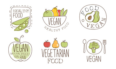Vegan Healthy Food Labels Set, Natural Vegetarian Food Hand Drawn Labels Vector Illustration