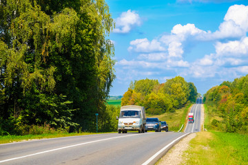 Fototapeta na wymiar Tula region, Russia - September, 8, 2019: trucks on a highway in Tula region, Russia