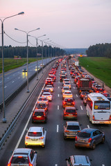 Moscow region, Russia - September, 9, 2019: weekend traffic jam in Moscow region, Russia, at sunset