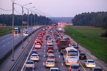 Moscow region, Russia - September, 9, 2019: weekend traffic jam in Moscow region, Russia, at sunset