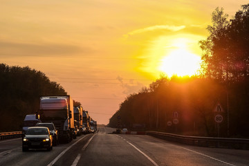 Moscow region, Russia - September, 9, 2019: weekend traffic jam in Moscow region, Russia, at sunset