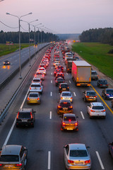 Moscow region, Russia - September, 9, 2019: weekend traffic jam in Moscow region, Russia, at sunset