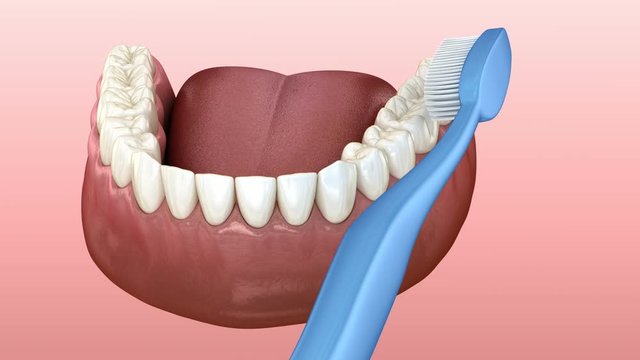 Teeth brushing cleaning process. Medically accurate 3D animation of oral hygiene.