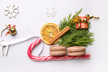 Beautiful composition with Christmas decor on light background