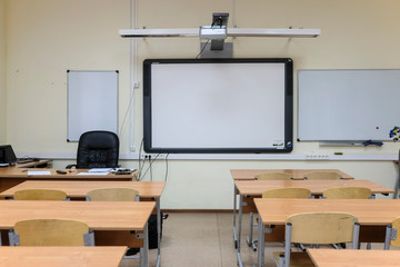 Moscow, Russia - September, 18, 2019: interior of an empty school classroom in Moscow secondary school