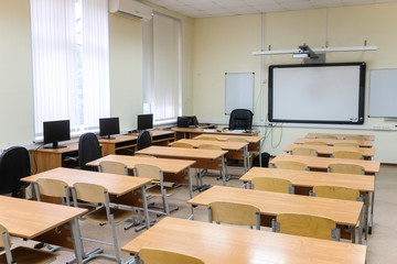 Moscow, Russia - September, 18, 2019: interior of an empty school classroom in Moscow secondary school