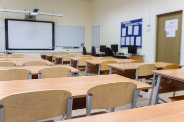 Moscow, Russia - September, 18, 2019: interior of an empty school classroom in Moscow secondary school