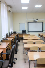 Moscow, Russia - September, 18, 2019: interior of an empty school classroom in Moscow secondary school