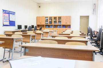 Moscow, Russia - September, 18, 2019: interior of an empty school classroom in Moscow secondary school