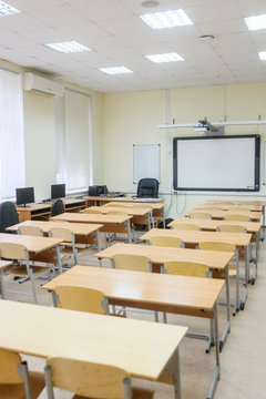 Moscow, Russia - September, 18, 2019: interior of an empty school classroom in Moscow secondary school