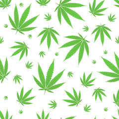 Seamless pattern with cannabis hemp plant green leaves flat style design vector illustration isolated on white background.