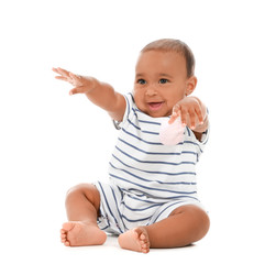 Cute African-American baby on white background
