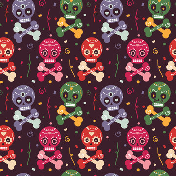 cute colorful mexican seamless vector pattern background illustration with skull, flowers, confetti and bones 