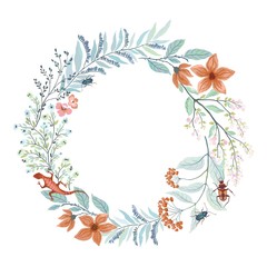 Wreath with lizard, beetles, flowers, branches and leaves. Vector autumn illustration in retro style in pastel colors on white background. 
