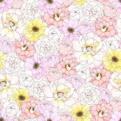 Seamless pattern with colorful buds flowers Roses, vector illustration in rustic style and pastel colors.