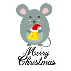 Cute grey mouse, santa hat, vector illustration