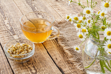 Glass cup of green tea with white chamomile flowers in a glass jar.