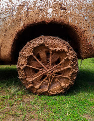 wheels tires and off road truck shaft that goes in the and mud through the wheels in the forest