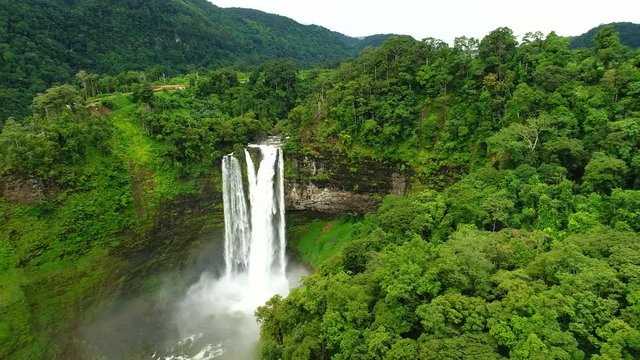 Tad Xe Katam Waterfall In Bolaven Laos. Aerial view by drone 4k camera.	