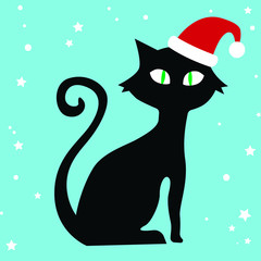 Black cat, Santa Clause hat, Merry Christmas, vector illustration