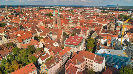 Nuremberg, Germany. Drone aerial view from a vantage viewpoint along city river