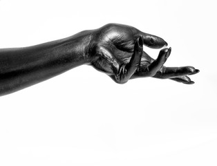 Black painted hands with long nails isolated on white background
