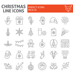 Christmas thin line icon set, holiday symbols collection, vector sketches, logo illustrations, new year signs linear pictograms package isolated on white background.