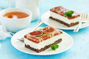 low calorie cheesecake with figs. selective focus.