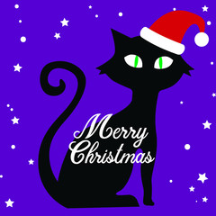Black cat, Santa Clause hat, Merry Christmas, vector illustration