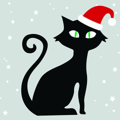 Black cat, Santa Clause hat, Merry Christmas, vector illustration