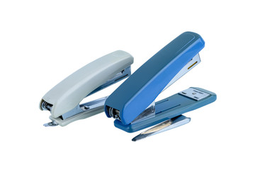 Office stationary Blue and Gray stapler isolated on white background