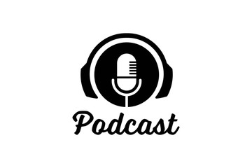 Podcast or Radio Logo design using Microphone and Headphone icon - obrazy, fototapety, plakaty