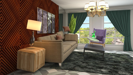 Obraz na płótnie Canvas Zero Gravity Sofa hovering in living room. 3D Illustration