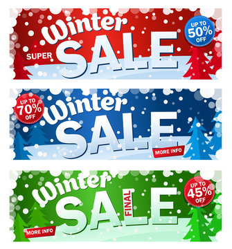 Set bright horizontal Sale banner on color background with snowflakes. Text - Winter super sale. Up to 50 off. Final offer. Snow red, green and blue vector illustration.