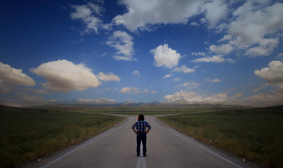 One man and two ways and blue sky
