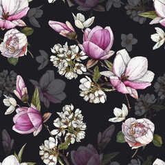 Floral seamless pattern with watercolor  magnolia, cherry blossom and peonies.