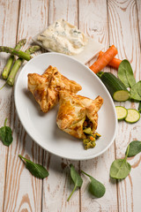 puff pastry filled with gorgonzola cheese asparagus zucchinis and carrots