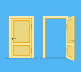 Doors closed and open. Flat cartoon style. Vector illustration.