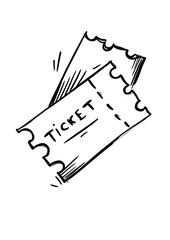 Ticket icon. Black illustration isolated for graphic and web design. Hand drawing, cartoon, doodle