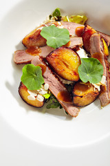 Salad with Roasted Duck Breast, Baked Pear and Strachatella