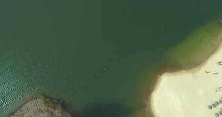 Aerial view of Mina de São Domingos, Tapada Grande River Beach lagoon, famous tourist destination, Alentejo, Portugal.
