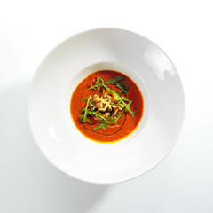 Spicy Tomato Soup with Fried Mussels and Chili Pepper
