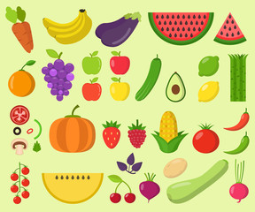 Obraz premium Set of fruits and vegetables. Flat vector illustration.