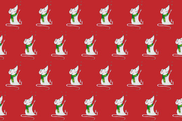 Seamless pattern with funny Christmas mice. Hand drawn illustration with alcohol-based markers.