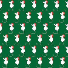 Seamless pattern with funny Christmas mice. Hand drawn illustration with alcohol-based markers.
