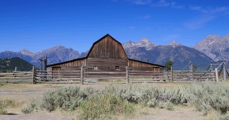Mormon Row pioneer barn Grand Teton National Park. Pioneer settler homestead farms ranch. Historic building scenic landscape. 2.5 million visitors a year. Geography, geology, environment.