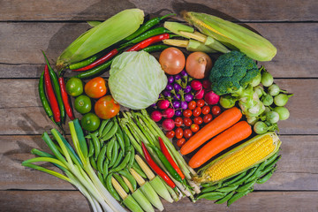 Background of fresh food tasty and healthy varis vegetables are on the wooden table