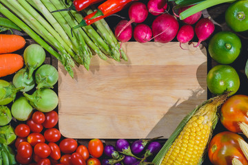 Background of fresh food tasty and healthy varis vegetables are on the wooden table