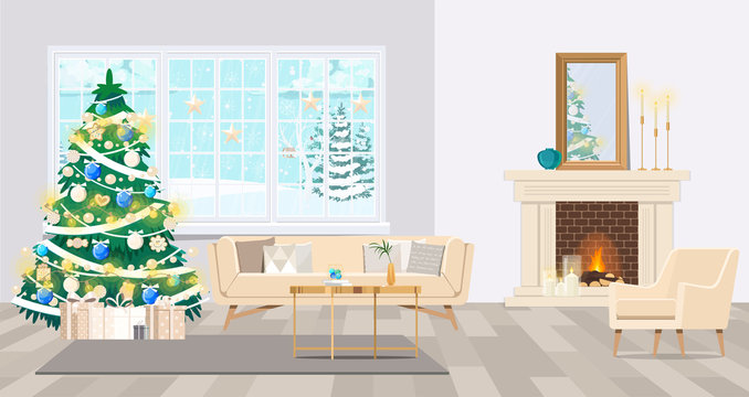 Christmas interior of the living room with a Christmas tree, gifts and a fireplace. Vector illustration in a flat style.