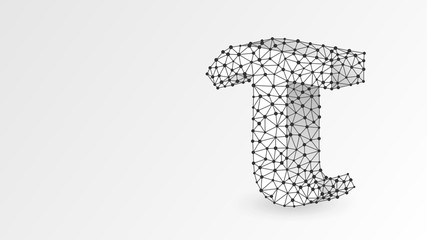 Tau, the letter of a Greek alphabet. Greek numerals, mathematical three hundred number concept. Abstract, digital, wireframe, low poly mesh, Raster white origami 3d illustration. Triangle, line dot